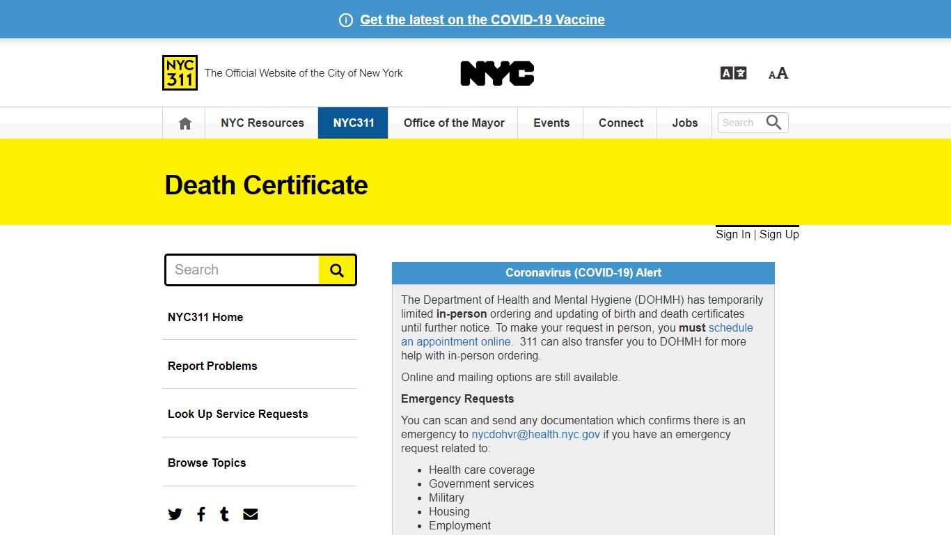 Death Certificate · NYC311 - New York City